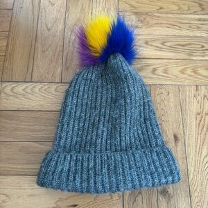 Zara Gray Knit Hat with Blue and Yellow Pom-Pom